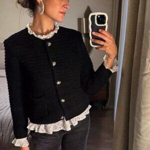 NEW Ba&sh Bash Gaspard Tweed Cardigan Jacket in Black | size 1 / S